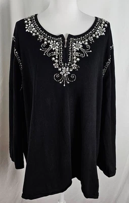 Quacker Factory Womens Pullover Sweater Black Silver Beading Cotton Acrylic 3X - Image 1 of 4