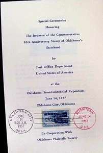 OKLAHOMA 50th ANNIVERSARY STATEHOOD STAMP 1st DAY CEREMONY PROGRAM JUNE 14, 1957 - Picture 1 of 2