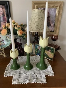 3 Vintage Tulip Candlestick Holders Henrikson San Francisco Easter pale yellow - Picture 1 of 4