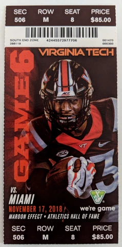 2018 Virginia Tech vs Miami Ticket Stub 10/17/2018 Cover