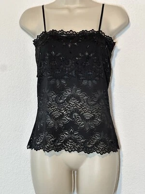 Black Lace Sheer Mesh Tank Top Jr M 7/9 Beads Sequin Goth Dark Fairy Romantic - Image 1 of 4