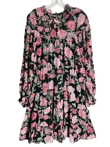 NWT Donna Morgan Floral Tier Dress Vela Black Pink Peony Ruffle Long Sleeve 8 - Picture 1 of 17