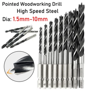 HSS Long Wood Drill Bits Set 1.5mm-10mm Brad Point Hex Shank Auger And Flat Bits - Picture 1 of 29
