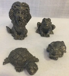 Lot of 4 Vtg Pewter Animal Figurines Unmarked Mouse, Frog, Turtle & Lion - Picture 1 of 11