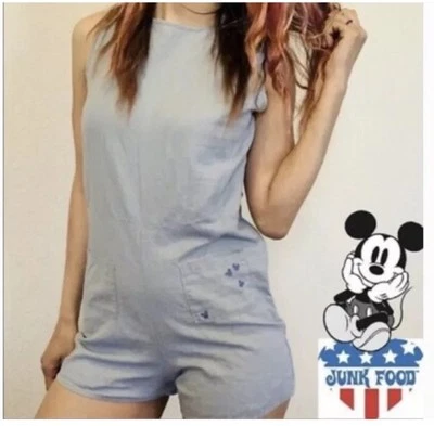 Women’s Junk Food Sleeveless Mickey Mouse Embroidered Romper Gray M - Image 1 of 4