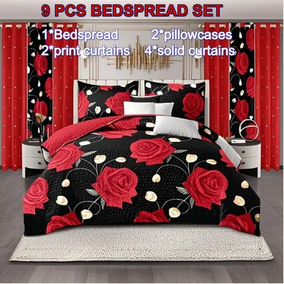 Cama en bolsa 9 piezas, colcha, fundas de almohada, estampado y cortinas lisas, tamaño King Foto 1 de 4