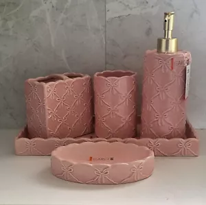 Tk Maxx 5 Piece Pink Bow Bathroom Set Dispenser*tray*Soap*beaker*toothbrush New - Picture 1 of 12