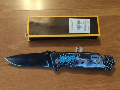 Faca de bolso dobrável 8" azul marinho tática lâmina assistida por mola disjuntor de vidro  - Imagem 1 de 4