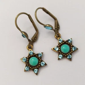 Michal Negrin Star of David Earrings Turquois Blue Crystals Dainty Israel Gift - Picture 1 of 13