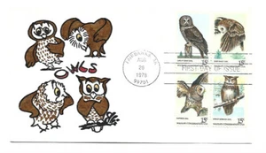 1760-63 American Owls, Animated by Ellis, block of 4  FDC - Picture 1 of 1