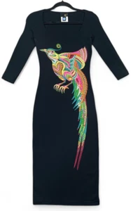 Just Cavalli Dress Womens 38 2 Black Multicolor Bird Midi Stretch Bodycon Italy - Picture 1 of 17