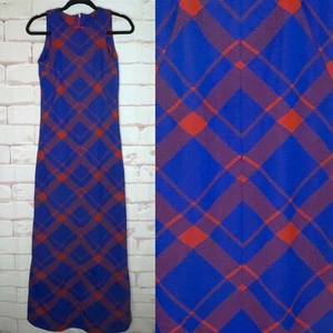 Vintage 60's-70's Size Small Red Orange Blue Plaid Maxi Dress Homemade - Picture 1 of 13