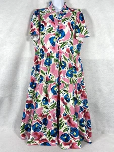 Jade Shirt Dress Women’s Large Pink Blue Short Sleeves Midi Tiered Button Up - Picture 1 of 12