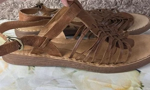 Born Sandals Women's 9M Brown Leather Slingback Peep Toe Fishermen Shoes F61637 - Picture 1 of 14