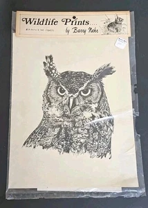 Vintage Barry Nehr Wildlife Print Horned Owl In Original Packaging 8-1/2x 11" - Picture 1 of 2