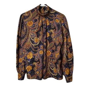 Vintage secretary satin paisley print long sleeve blouse 6 70s 80s high neck - Picture 1 of 9