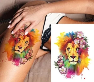 Lion Flower Temporary Tattoo Sticker Womens Waterproof tattoos Fake Arm Leg - Picture 1 of 8