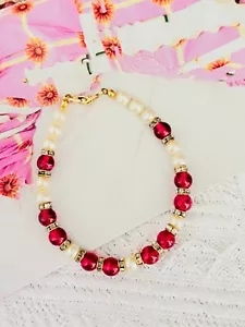Christian Dior Vintage Ruby Cabochon White Beads Pearls Crystal Tennis Bracelet - Picture 1 of 13