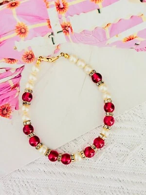 Christian Dior Vintage Ruby Cabochon White Beads Pearls Crystal Tennis Bracelet - Image 1 of 4