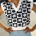 Checkerboard Floral Vest Vintage Casual Flower Pattern Sleeveless Knit Pullover
