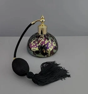 Vtg Art Glass End of Day Splatter Perfume Bottle Atomizer Blue Gold 4"d - Picture 1 of 1