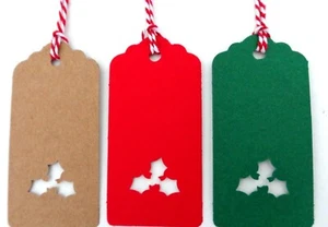 Etiquetas de regalo de Navidad Navidad ACEBO recortado reciclado etiquetas de tarjetas Kraft 9x4,5 cm + corbatas - Imagen 1 de 15
