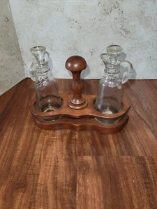 Vintage MCM glass cruet set Teak Wood Danish - Picture 1 of 6