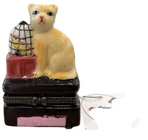 Vintage Greenbrier Int. Cat & Bird Cage On Luggage Trinket Box With Yellow Bird - Picture 1 of 3