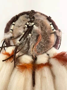 Native American Handmade LARGE Wool Fur Leather Feathers Beaded Dreamcatcher 24" - Picture 1 of 8
