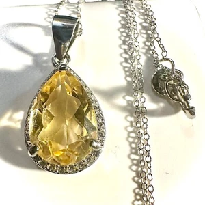 925 Sterling Silver Citrine Pendant Necklace Pear Cut 18" Created FREE Shipping - Picture 1 of 6