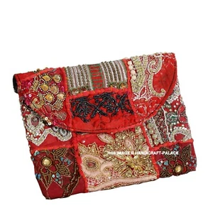 Indian Vintage Purse Patchwork Zari Embroidery Ladies Clutch Bag Cross Body Bag - Foto 1 di 6