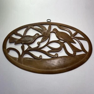 MCM Open Work Oval Wood Wall Decor Bird Floral Theme Large 18x11 Carved Decor - Picture 1 of 10