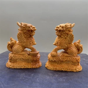 New 2Pcs Fly Kylin Figure China Thuja-wood Hand Engraving Plaything - Picture 1 of 5