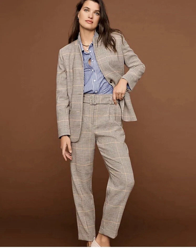 Ann Taylor The Belted Taper Pants Size 2P High Rise Plaid Beige Multi NEW - Image 1 of 4