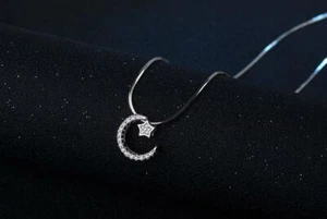 Silver Pave Cubic Zirconia Star Moon Pendant Chain Necklace - Picture 1 of 3