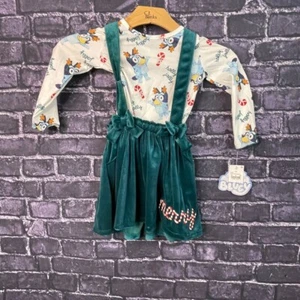 Bluey 5T MERRY Christmas 2pc Long Sleeve Top Skirtall Set Romper Dress Green - Picture 1 of 11