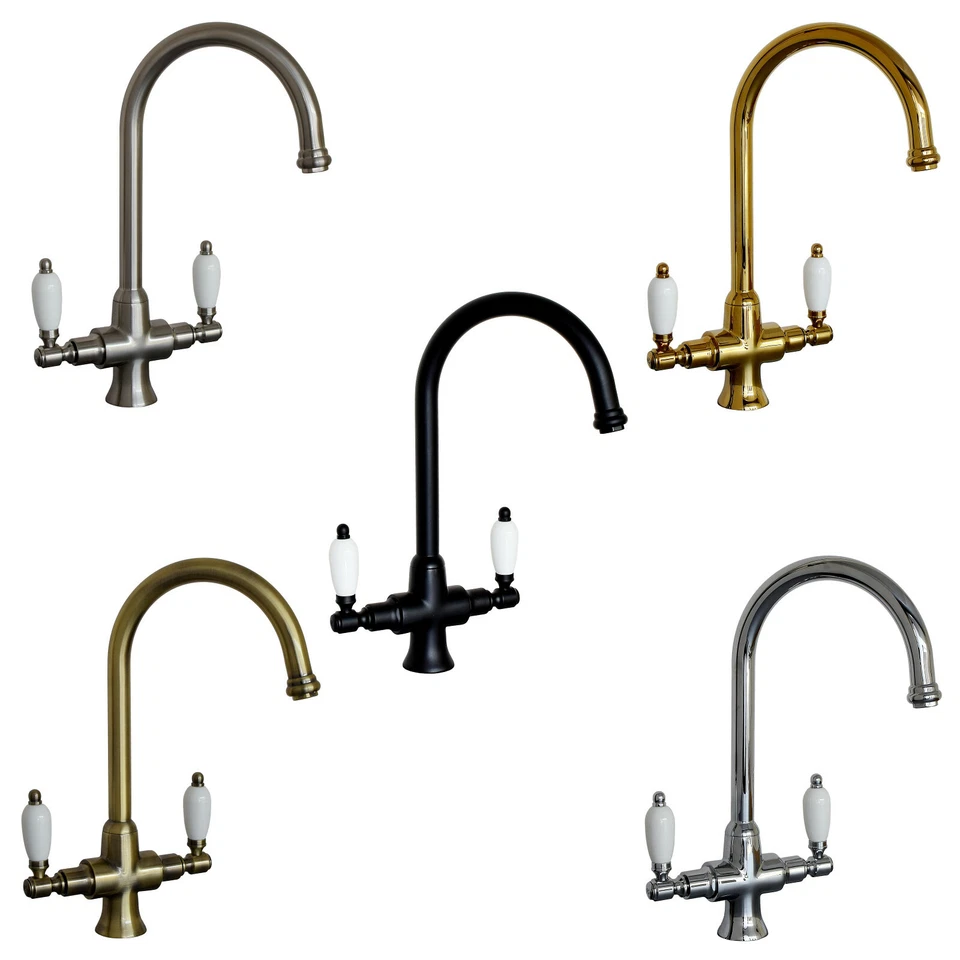 Traditional Kitchen Sink Mixer Tap Twin Ceramic Levers Dual Flow Swivel Spout - Image 1 of 1