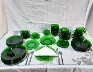 Vintage Vereco Green Glass Dinnerware Set – 56 Pcs – Mid-Cent. Mod. French Retro - Picture 1 of 23