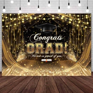 7X5Ft Congrats Grad Backdrop Black Gold Glitter Graduation Party Decorations Cla - Picture 1 of 12