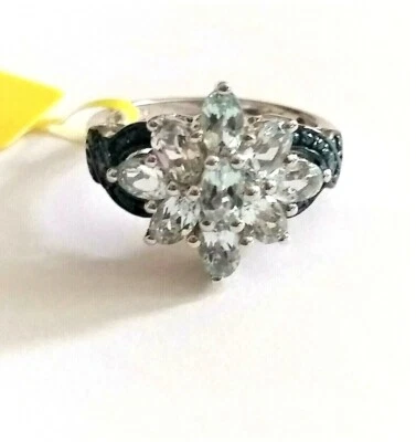 Blue Aquamarine Oval & Blue Diamond Cocktail Ring, 925 Silver, Size 7, 2.17(TCW) - Image 1 of 4
