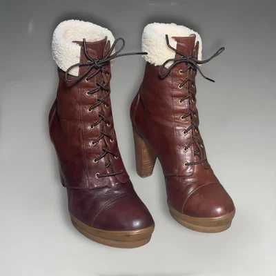 Fendi 棕色皮革剪绒系带高跟鞋厚底靴 37 码 — 第 1/4 张图片