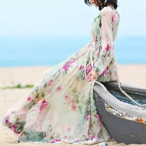 Maya Antonia Chiffon Maxi Dress, Mint-Green Watercolor Floral Long Sleeves/Skirt - Picture 1 of 17