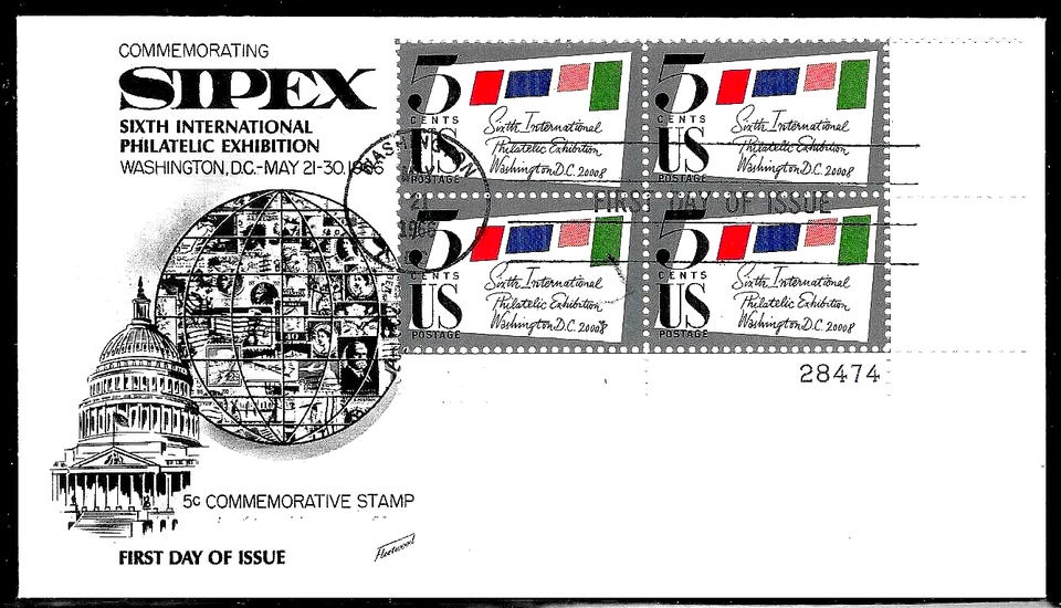 1310 5c Stamp (1966) SIPEX PHILATELIC FDC BY FLEETWOOD - PLATE BLOCK !!! - Image 1 of 1