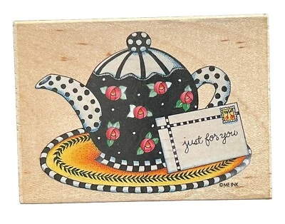 Tetera con nota Just For You Tea Party Tetera Mary Engelbreit madera sello de goma Foto 1 de 3