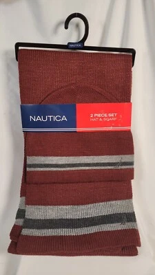  Juego de sombrero y bufanda Nautica para hombre, borgoña con rayas grises acrílico ¡ENVÍO GRATUITO! Foto 1 de 3