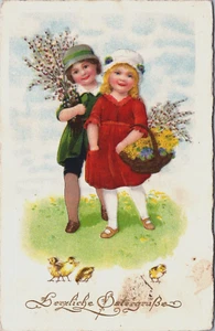 Happy Easter Girls With Chicks Vintage Postcard C179 - Picture 1 of 2