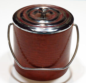 Irvinware Ice Bucket Chiller Vintage Usa Chrome Faux Crocodile Brown Leather