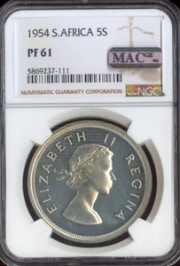 1954 Sudafrica Argento 5 Scellini NGC PF61 Qualità - Foto 1 di 2