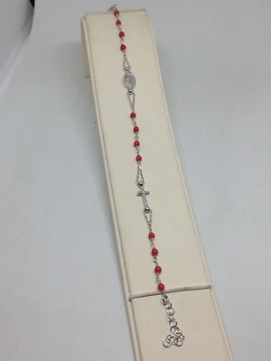 BRACCIALE DONNA ARGENTO ROSARIO GRANI CORALLO MADONNA MIRACOLOSA CROCE CM 21 - Immagine 1 di 4