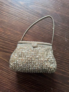 Vintage Beaded Sequin Evening Bag – 1950s/60s – Gold/Silver Tones – Wire Handle - Picture 1 of 10